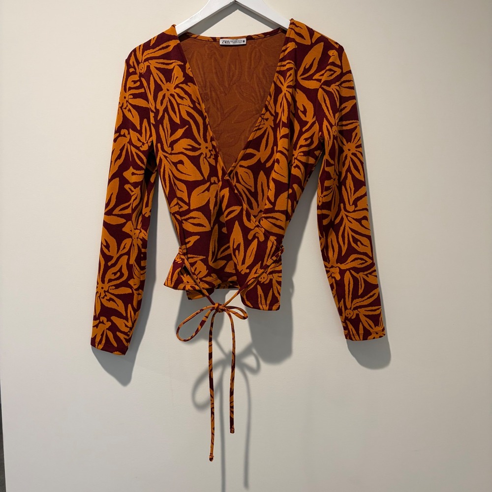 Zara Women Orange Burgundy Floral Jacquard Knit Long Sleeve Wrap Top Large